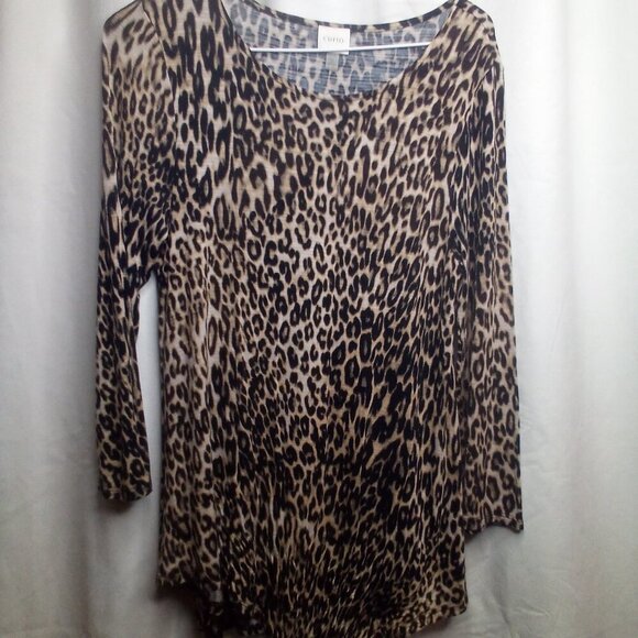 Cupio Blouse M 3/4 Sleeve Scallop Hem Animal Print Brown Black - Picture 11 of 12